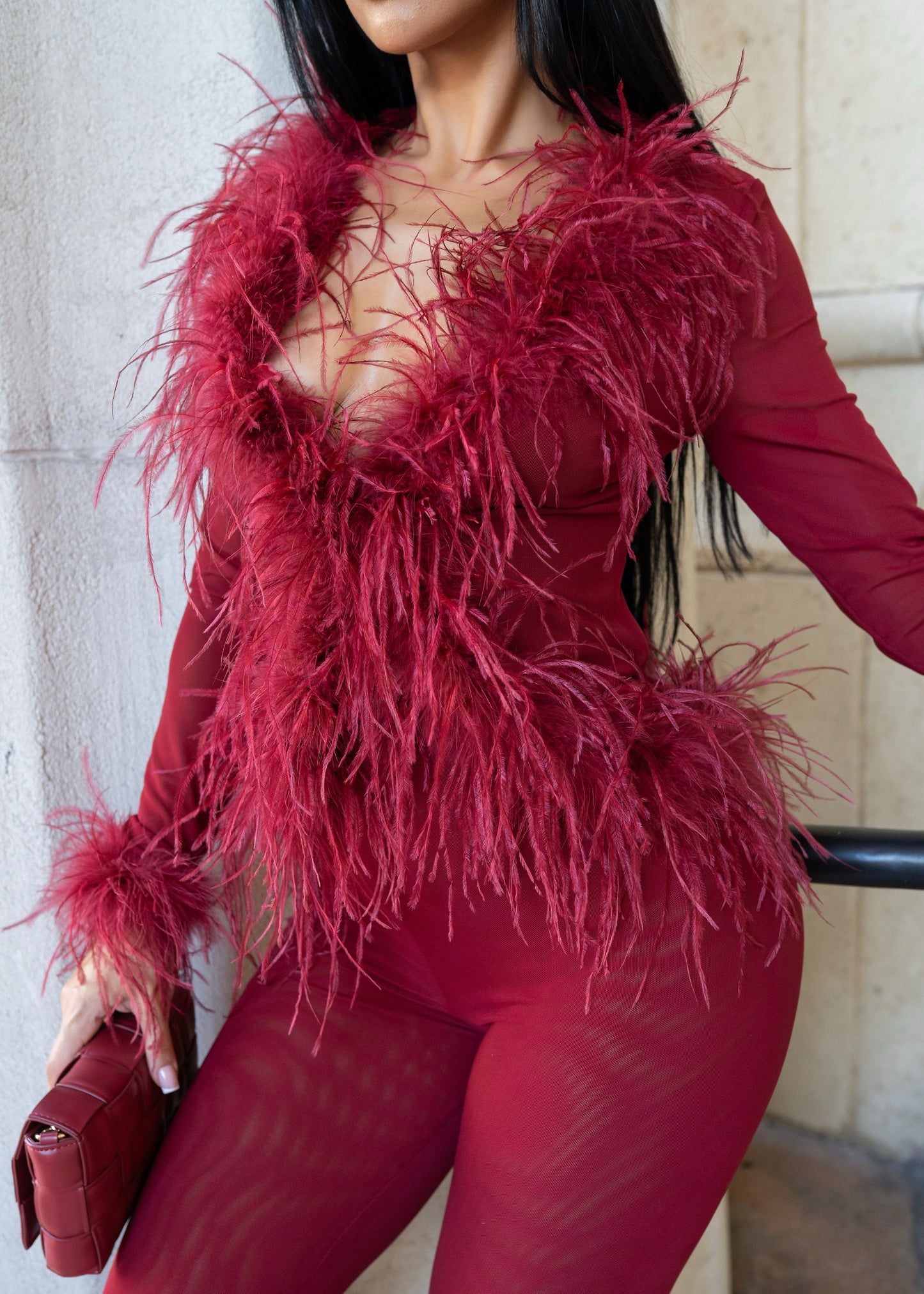 Midnight Impulse Feather Mesh Pant Set Red