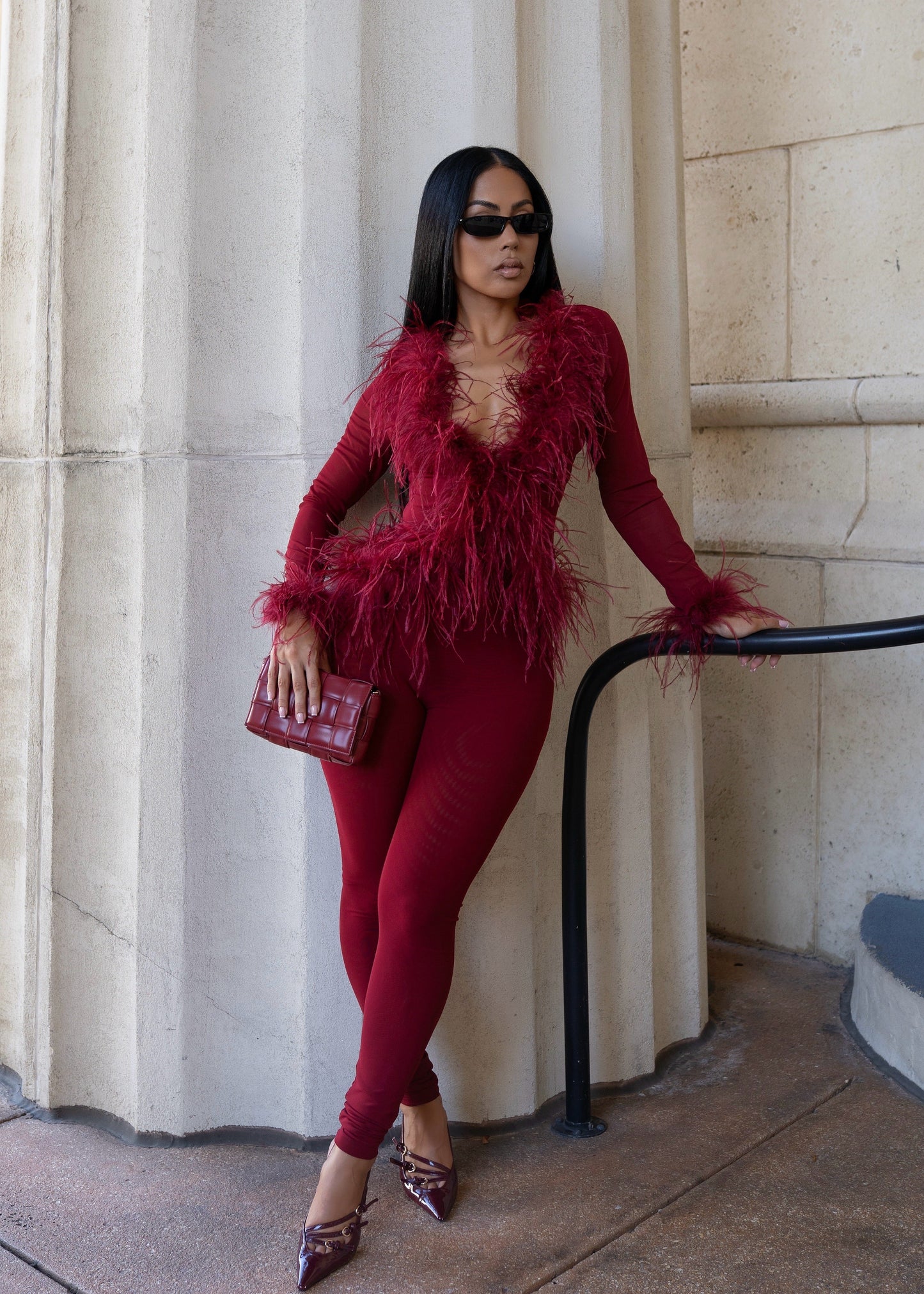 Midnight Impulse Feather Mesh Pant Set Red
