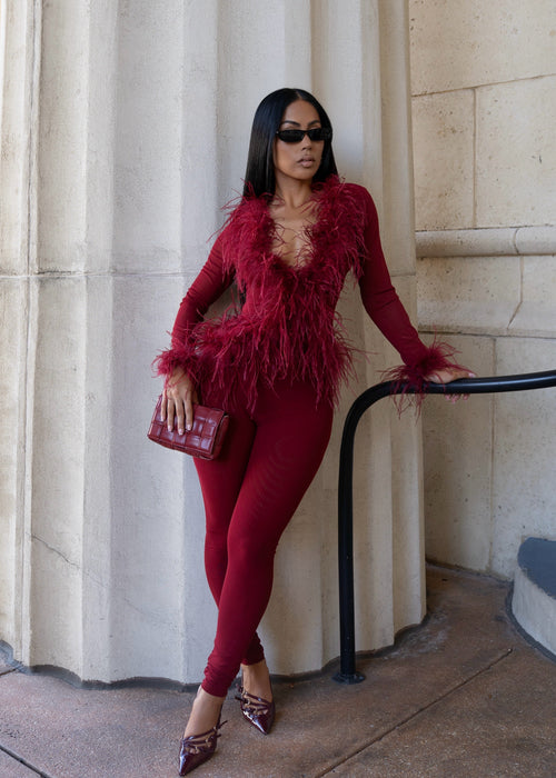 Midnight Impulse Feather Mesh Pant Set Red