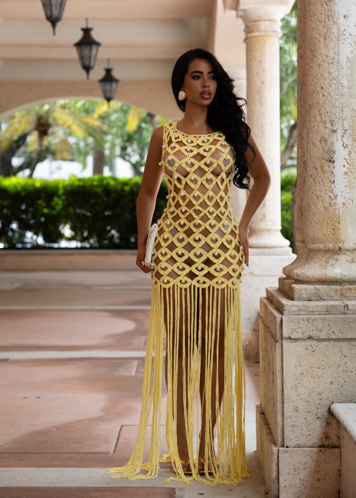 Indecent Royalty Pearls Crochet Maxi Dress Yellow