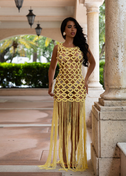 Indecent Royalty Pearls Crochet Maxi Dress Yellow