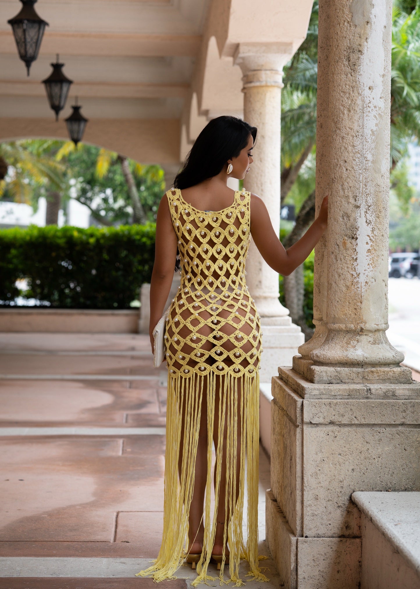 Indecent Royalty Pearls Crochet Maxi Dress Yellow