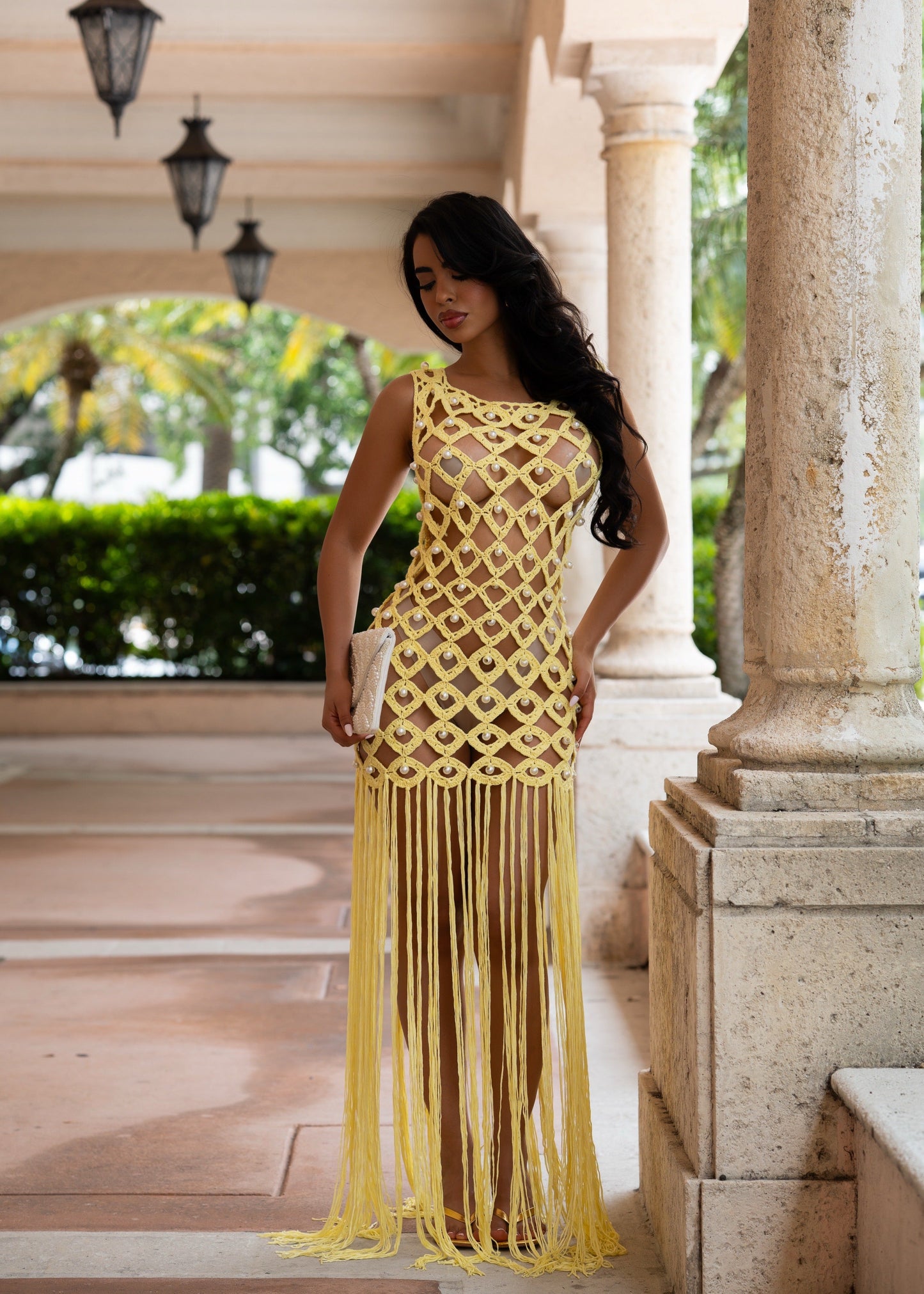 Indecent Royalty Pearls Crochet Maxi Dress Yellow