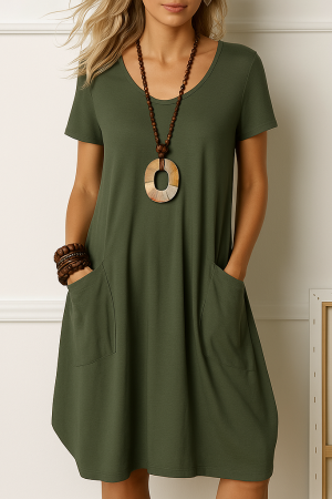 Women's Loose Fit Boho Midi Dress with Short Sleeves and Round Neckline