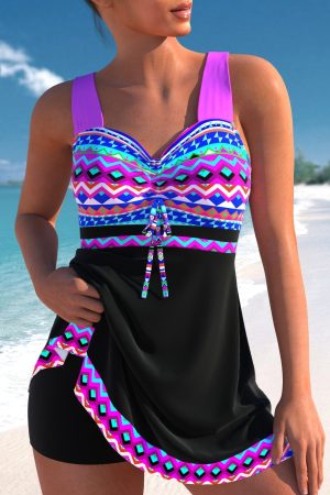 Women's Printed Tankini Swimwear with Tie Front and Fitted Shorts