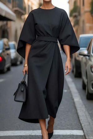 Women's Relaxed Fit Midi Dress with Wide Sleeves and Waist Belt