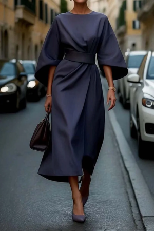 Alternative view of Women's Relaxed Fit Midi Dress with Wide Sleeves and Waist Belt