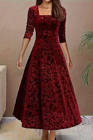 Women's Floral Summer Midi Dress with Square Neck and Flared Skirt